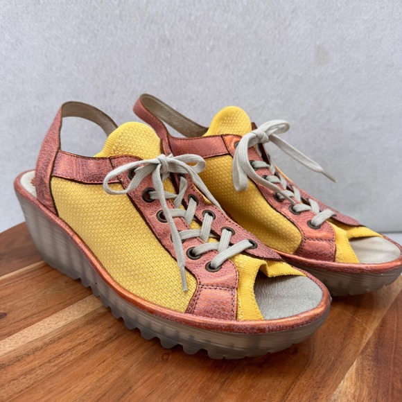 Fly London Wedge Sandals Open Toe Lace Up Slingback Yellow Pink Size 40 9US - Picture 1 of 9